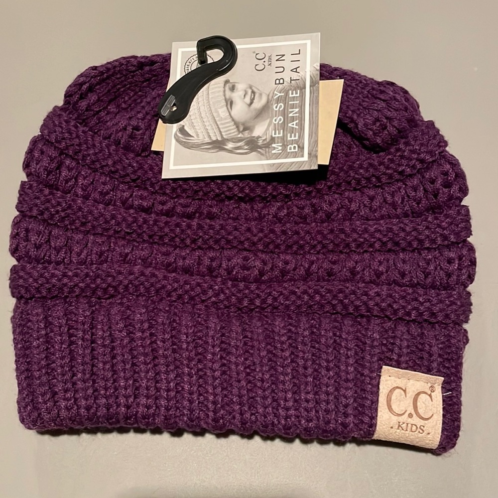 Beanie hat purple with hole for pony tail - kids